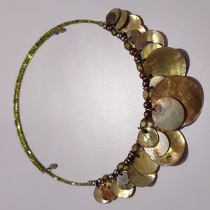 Women's Green Beaded Statement Choker with Green/Brown Blended Shell Discs